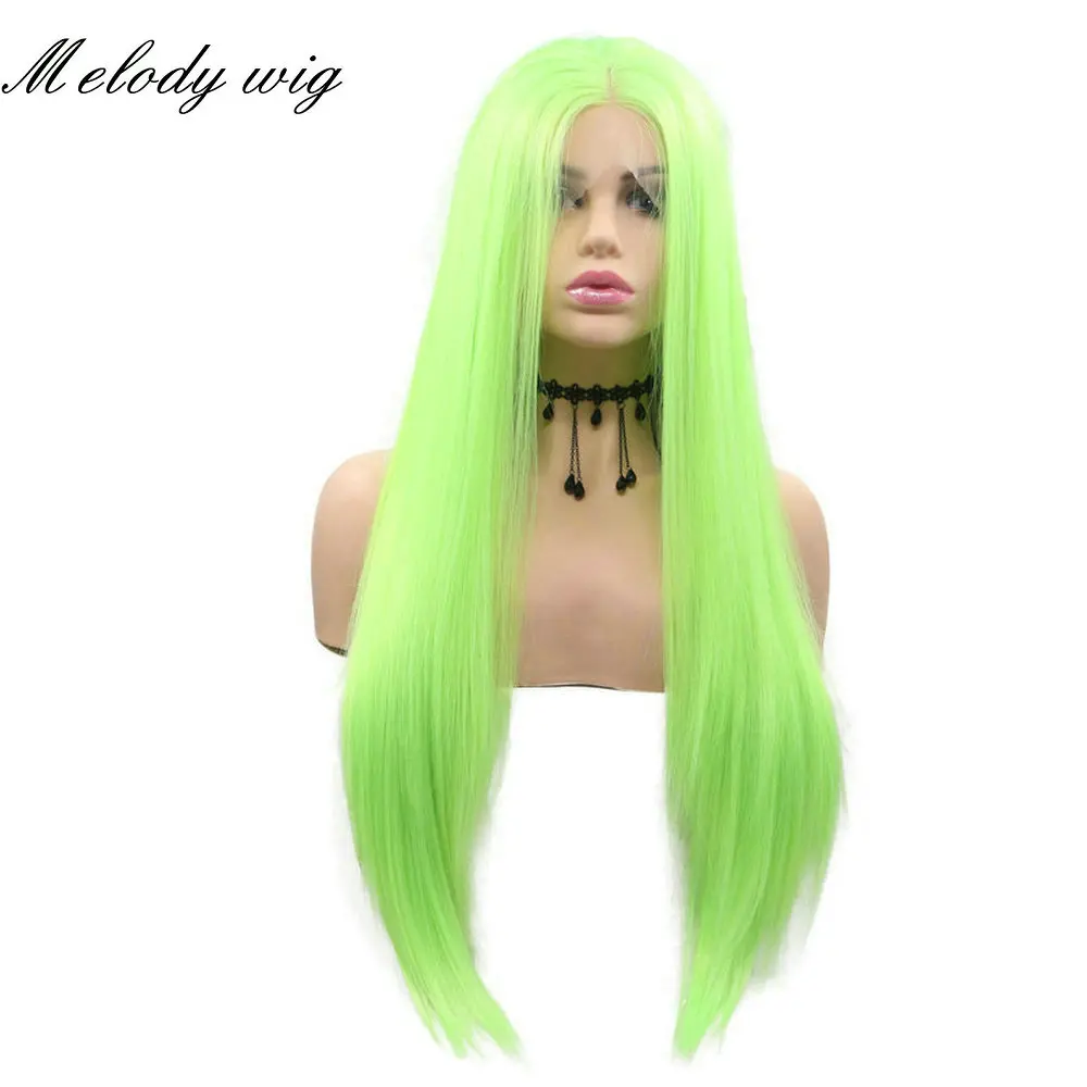 Melody Synthetic Lace Front Wig Heat Resistant Long Body Wave/ Silky Straight Fluorescent Green for Women Natural Looking Daily