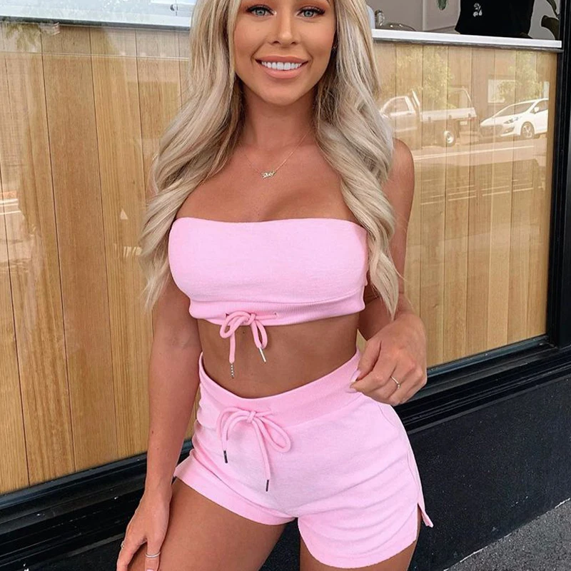 2 Two Pieces Set Elastic Clothes Women Drawstring Strapless Crop Top And Shorts Summer Fitness Jogging Tracksuit Outfits |