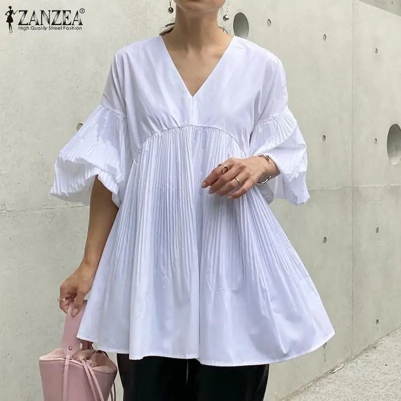

ZANZEA 2022 Stylish Summer Tops Women's Pleated Blouses Casual Puff Sleeve Blusas Female V Neck Baggy Tunic Chemise Oversized