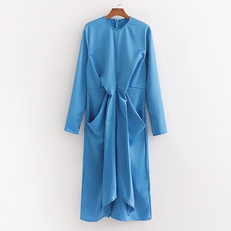 Стильное шикарное синее прямое платье с карманами и рюшами женское модное