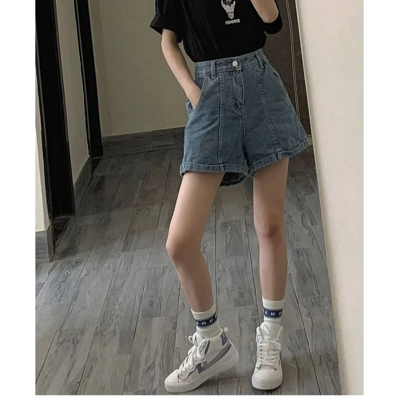 

Ins Korean summer 2021 new versatile wide leg pants loose and thin straight tube high waist hem denim shorts women