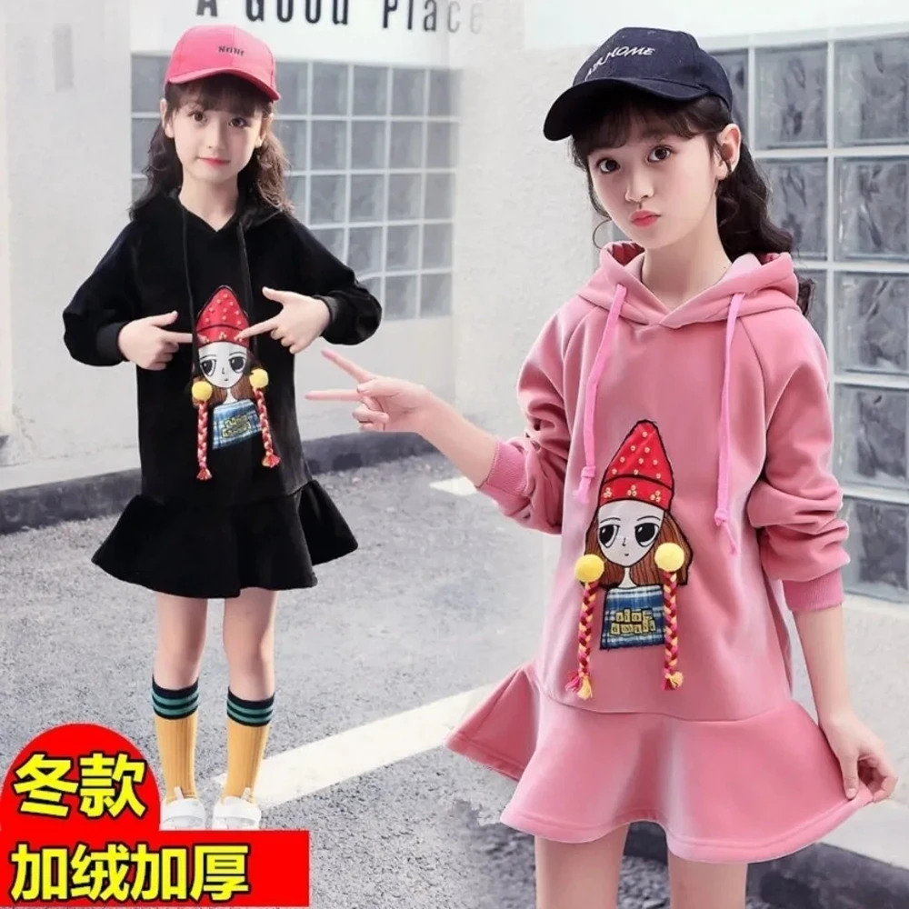 

2022 Spring Autumn Girls Hooded Velvet Dress Toddler Baby Girl Clothing 2-14 Years Kids Hoodies Casual Cartoon Dresses For Girls