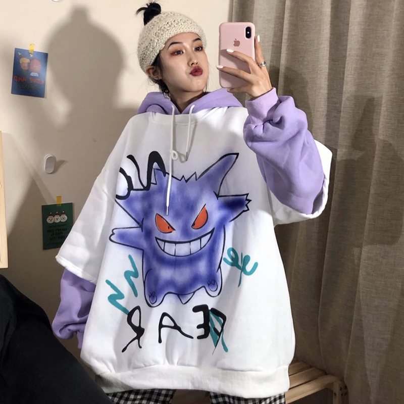

2021 Purple Women Oversized Hoodie Loose Female Sweatshirt Hoodies Harajuku Streetwear Halloween Korean Monster Alphabeter