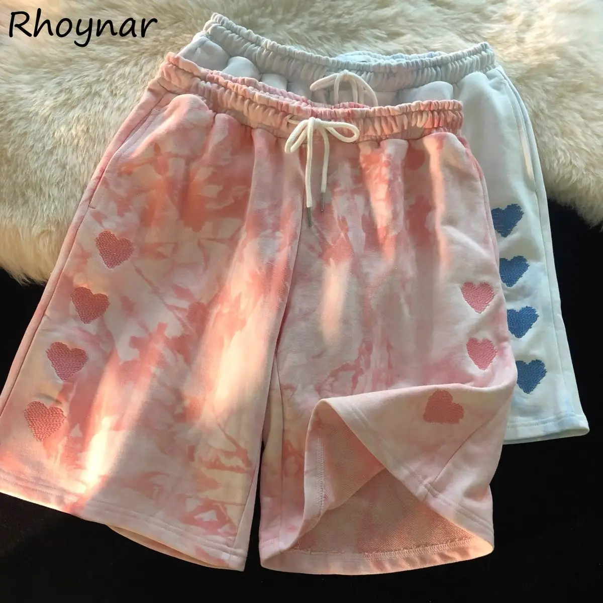 

Shorts Women Heart Print Tie Dye Joggers New Arrival Korean Style Harajuku Students Loose Wide Leg Cute All-match Leisure Femme