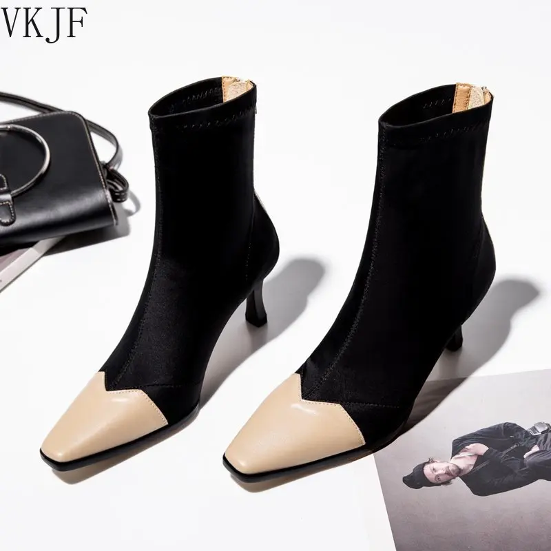 

Элегантные модные ботильоны для женщин на высоком каблуке эластичные трикотажные удобные женские короткие ботинки Осенняя обувь женские н...