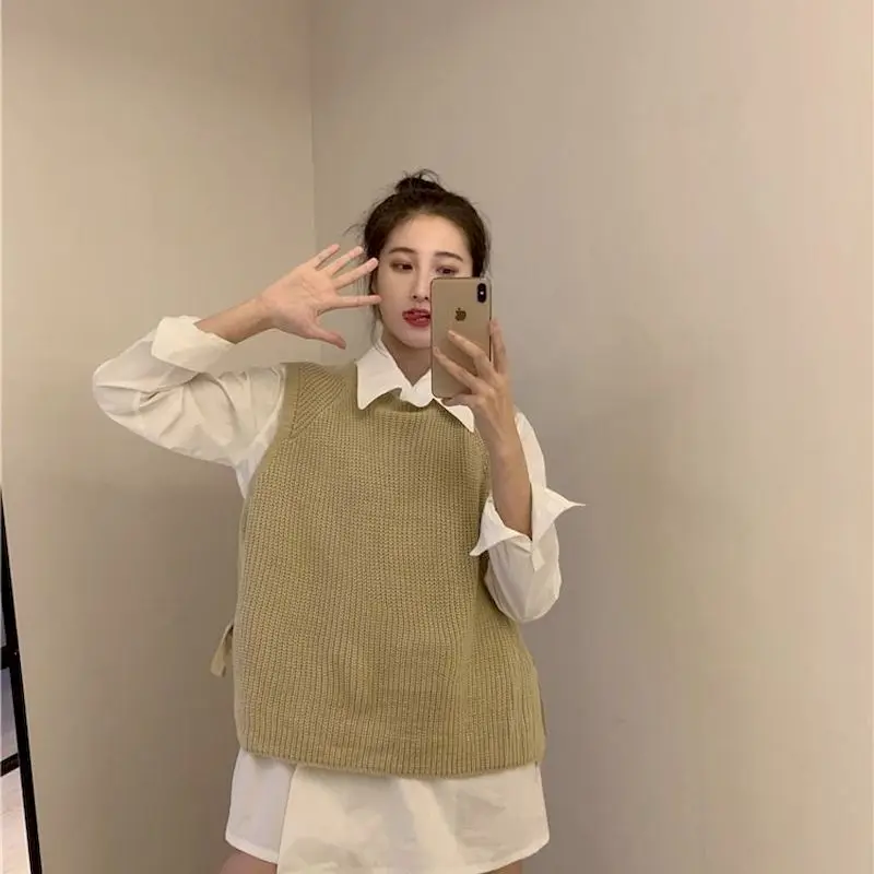 

Sweater Vest Female College Style Round Neck Korean Loose Side Straps Student Sweater Vest Tide Sweater Vest Fur Vest Argyle