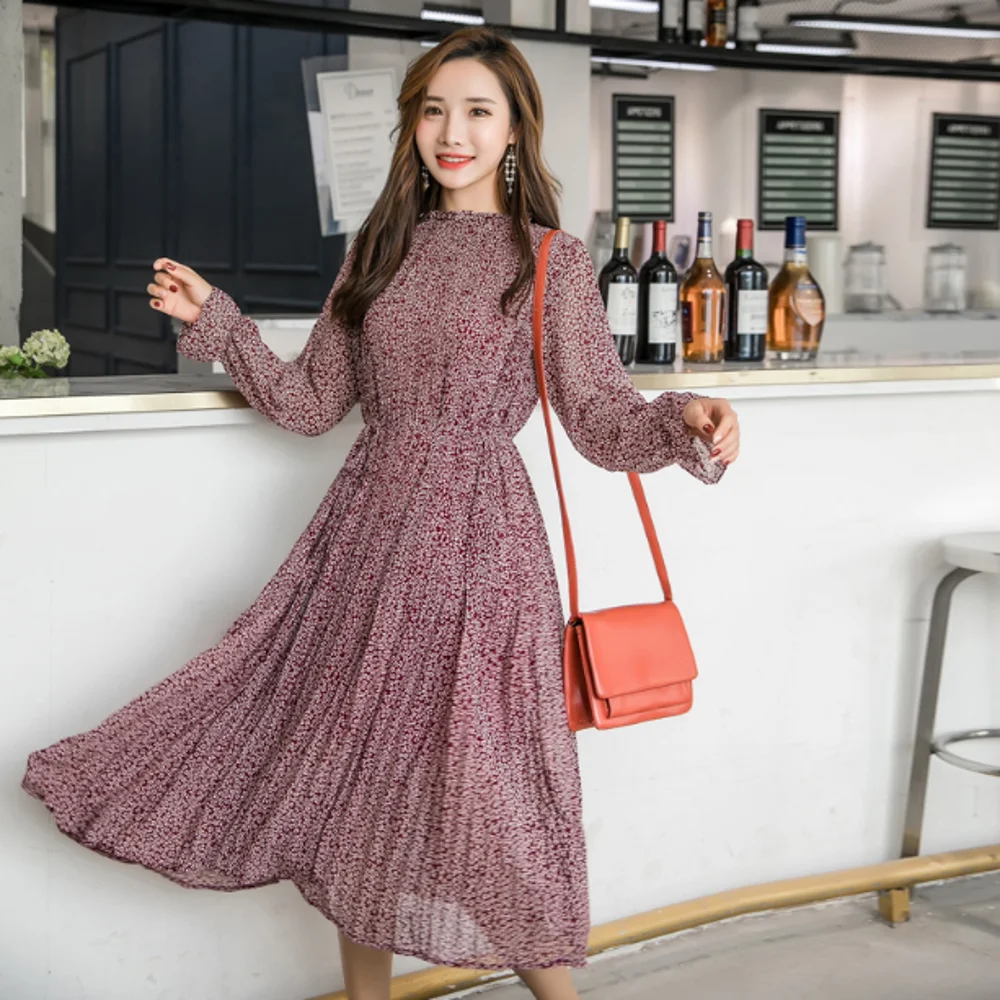 Бизнес повседневное женское винтажное платье 2019 корейское зимнее шифоновое миди
