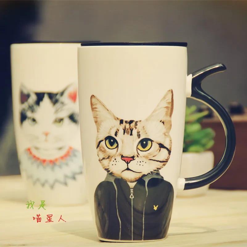 

500ml office family cute classic Fashion gentry simple cat ceramic water with lid creative large capacity milk coffee mug
