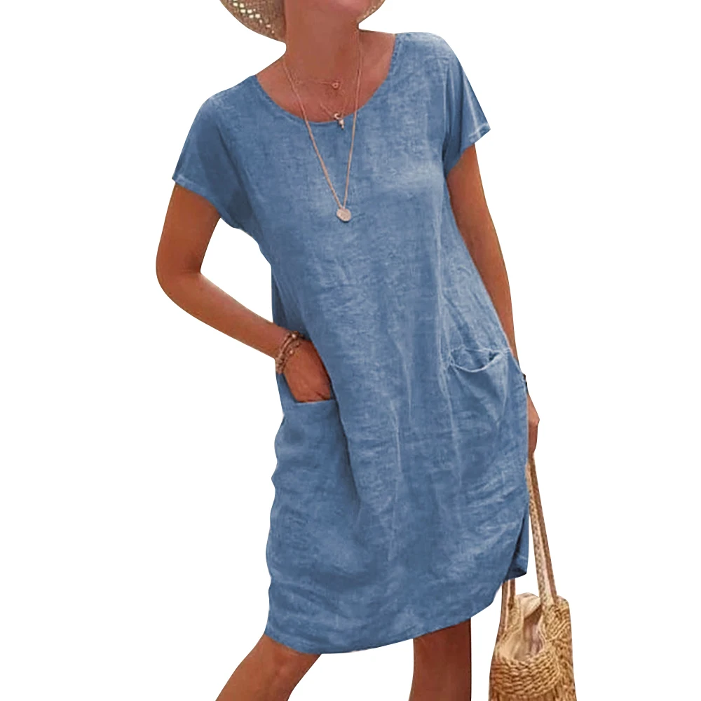 

Plus Size Solid Color Linen Dress With Pockets Women O-Neck Short Sleeve Straight Midi Dress Summer Vintage Sundress Vestido D30