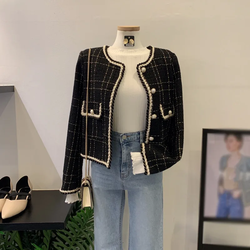 

2021 spring autumn women elegant plaid short tweed coats OL o-neck single breasted twist weave jackets A404