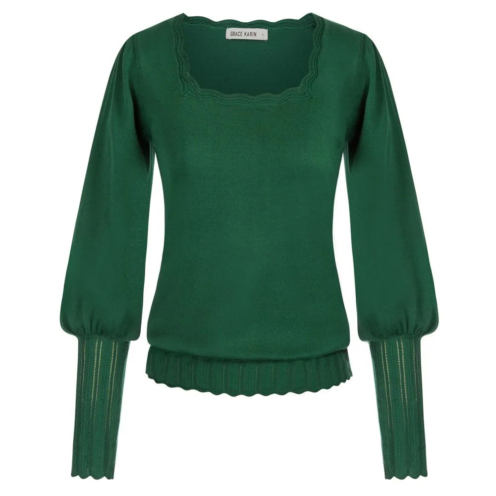 

Женский свитер с квадратным вырезом, пуловер с длинными рукавами-фонариками, вязаный пуловер с длинным рукавом и волнистым вырезом, свитер