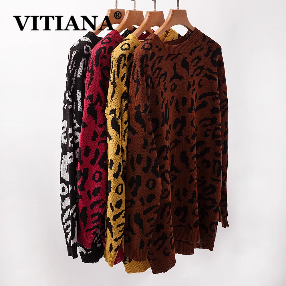 Женский трикотажный свитер VITIANA повседневный свободный с леопардовым принтом