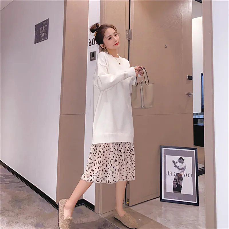 

Spliced Sweater Skirt Women Fall And Winter With A Sweet And Loose Lazy Wind Mid Length Over The Knee Base Knitted Dress C291