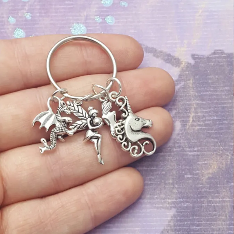 

Fantasy Keyring,Magic Keychain,Mythical Creatures,Dragon Gift, Mermaid and Unicorn Keychain,Fairy Gift,Fantasy Lover Gift
