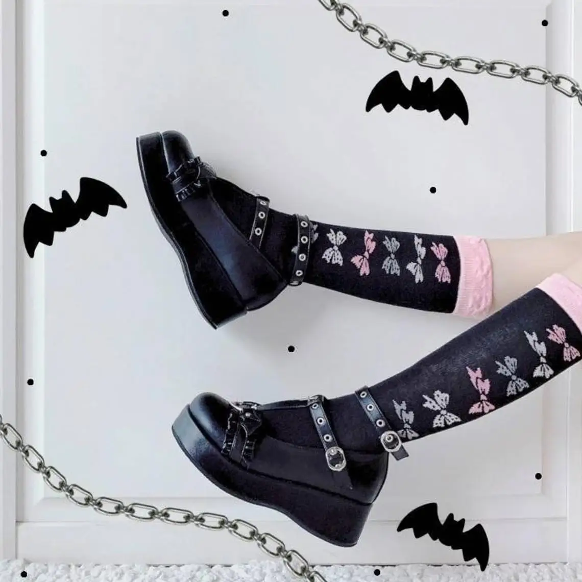 Brand New Sweet Black Halloween Vampire Gothic Lolita Style Girls Pink Bat Wings Ruffles Mary Janes Flats Platform Shoes Women