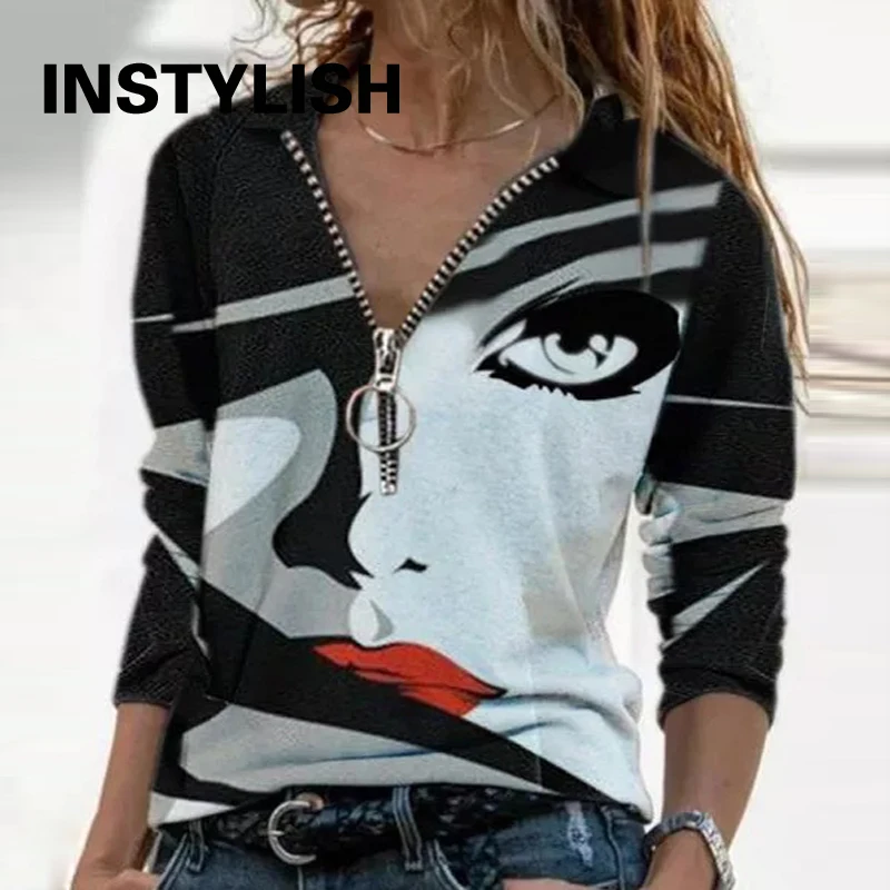 

Женская винтажная рубашка-поло с длинным рукавом и геометрическим принтом