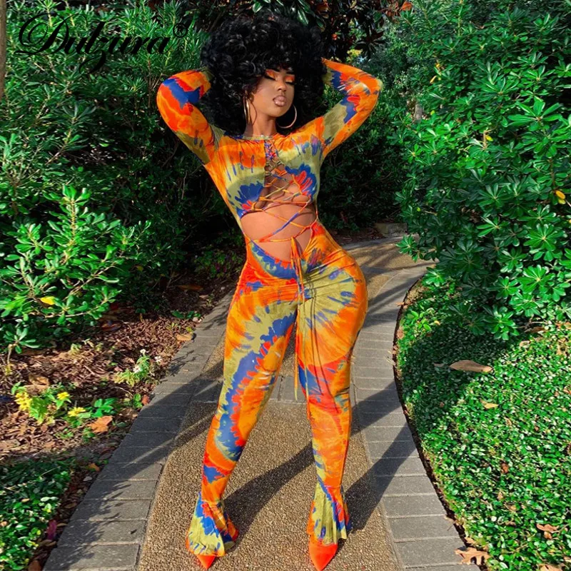 

Dulzura 2021 Autumn Winter Women Tie Dye Print Long Sleeve Hollow Out Flare Jumpsuit Lace Up Cross Skinny Sexy Streetwear Club