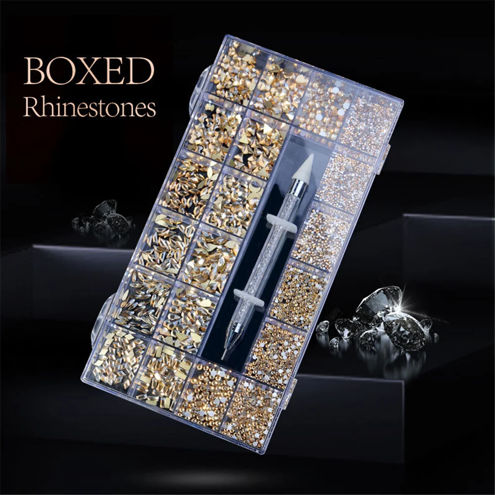 

600Pcs/Box Mixed AB Glass Crystal Diamond In Grids 21 Shape And 2500Pcs Flatback Nail Art Rhinestone Set With 1 Pick Up Pen