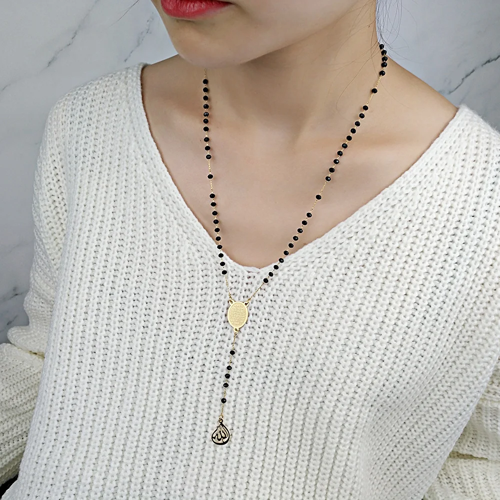 FINE4U N301 Stainless Steel Muslim Arabic Pendant Necklace Glass Faceted Beads Crucifix Men Women Rosary Jewelry | Украшения и