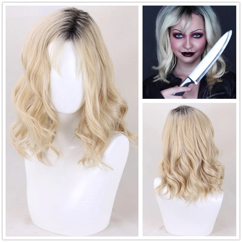 

Movie Bride of Chucky Tiffany Cosplay Wig Tiffany Blonde Ombre Synthetic Hair Halloween Role Play Hair Wigs + Free Wig Cap