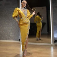 2021 new straight mustard yellow long evening dresses appliques silver lace sexy side slit dubai abiye women formal prom gowns