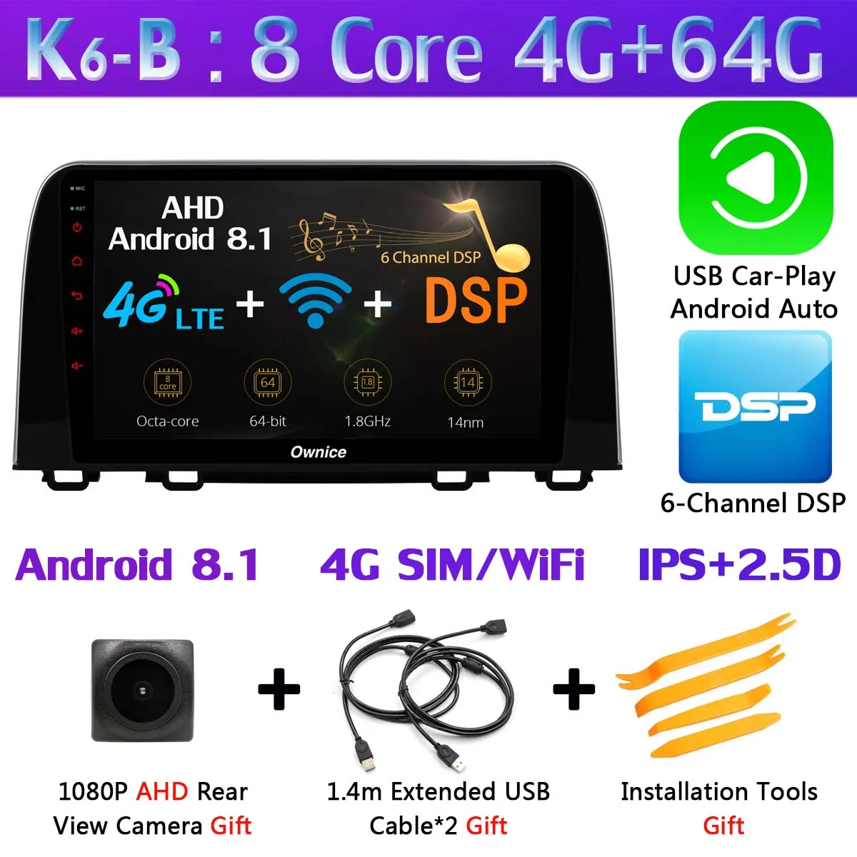 K6-B-CarPlay 360°4×DVR камера 1 Din камера Android 9,0 4G+ 64G SPDIF DSP CarPlay Автомобильный мультимедийный gps радио плеер для Honda CR-V CRV - Цвет: K6-B-CarPlay