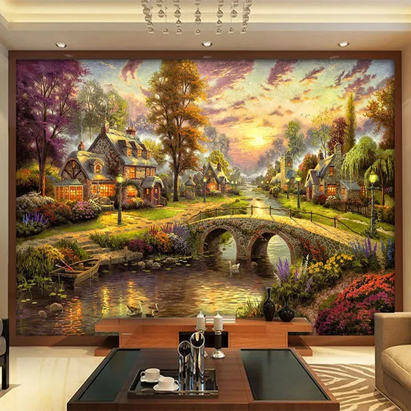 Фотообои на заказ ручная работа деревянный дом пасторальная природа картина