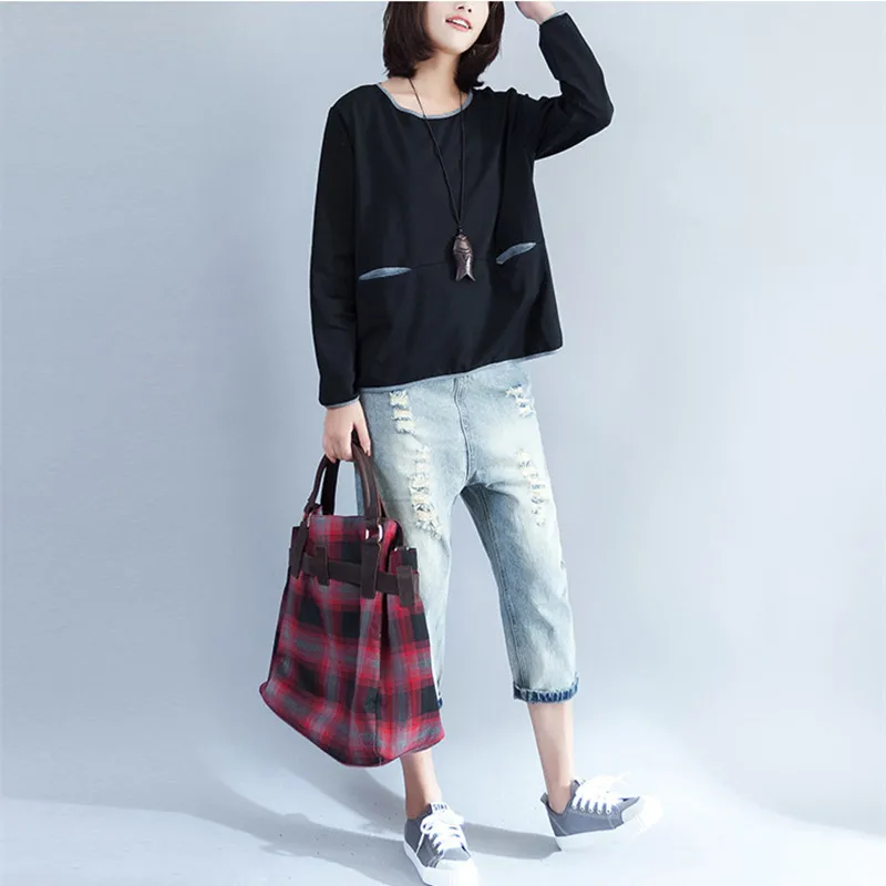 Johnature Autumn Winter New Solid Color O-neck Pullover Loose Women Hoodies Tops 2019 4 Colors Patchwork Casual Sweatshirts | Женская