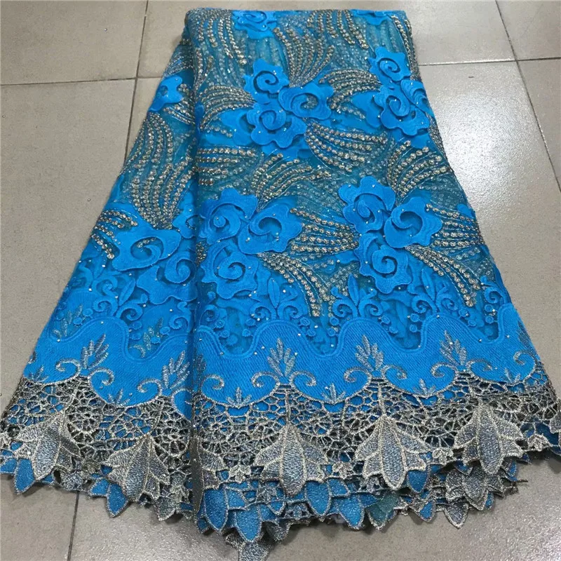 

Blue High Quality African Gold Line Lace Fabric Embroidery Swiss French Tulle Pure Cotton 2.5yards Wedding Party Dress Guipure