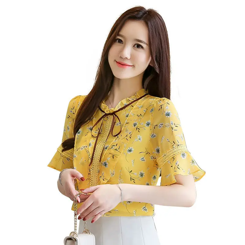 

Women's Spring Summer Style Chiffon Blouses Shirts Women's Turtleneck Bow Printed Short Sleeve Korean Tops SP593