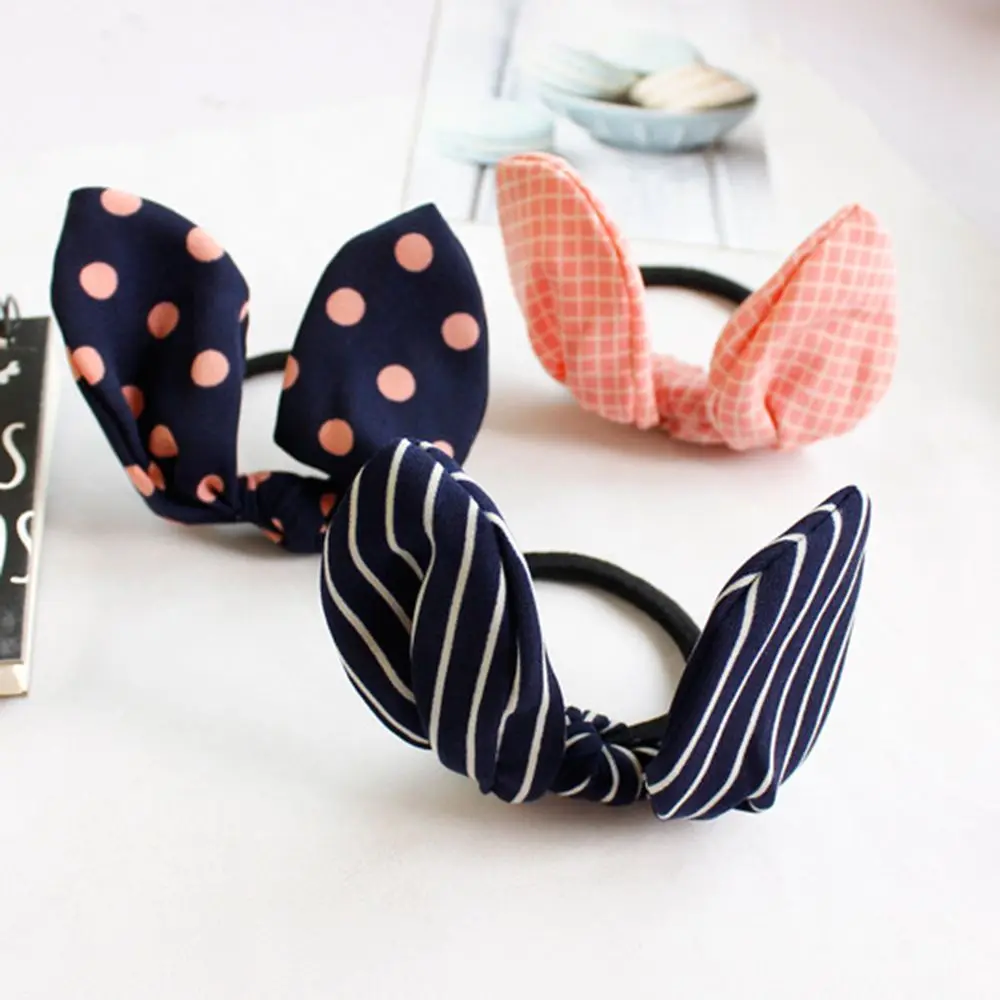 Женская резинка для волос с ушками кролика эластичная в полоску и горошек