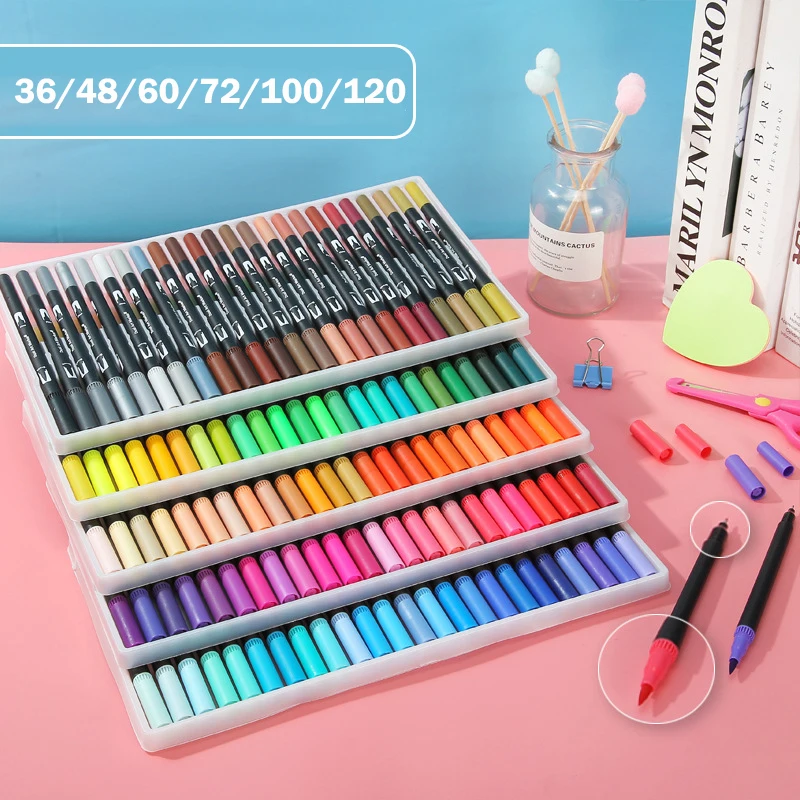 

36/48/72/100/120 Color Fine Liner Dual Tip Brush Pen Drawing Painting Watercolor Art Marker Pens For School Stationery Supplies