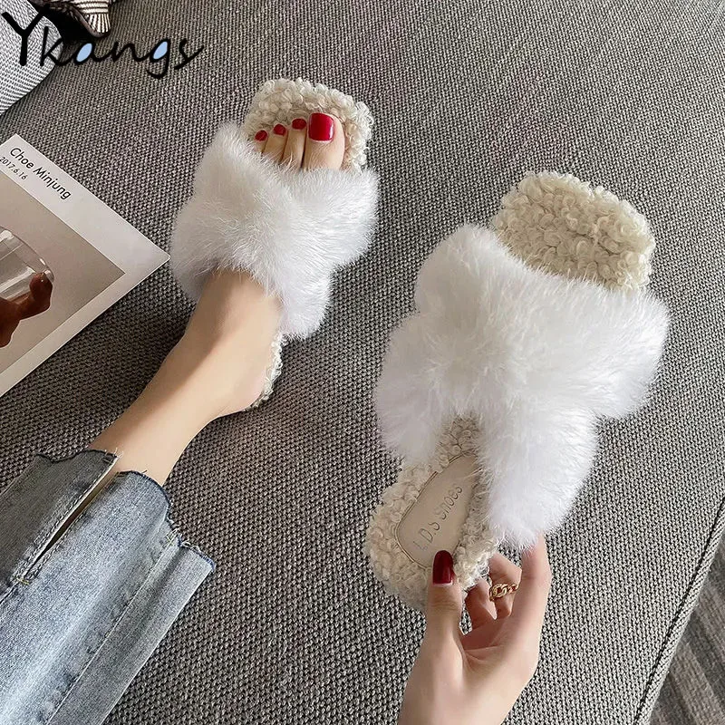 

Winter Warm Rabbit Fur Women's Slippers Fashion Fluffy Plush Non-slip Flat Slippers Korean Style All-match Ladies Plush Slippers