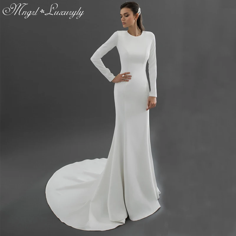 

Luxury Matte Soft Satin Mermaid Wedding Dresses Long Sleeve O-neck French Gowns 30cm Train Backless Tailor-Made