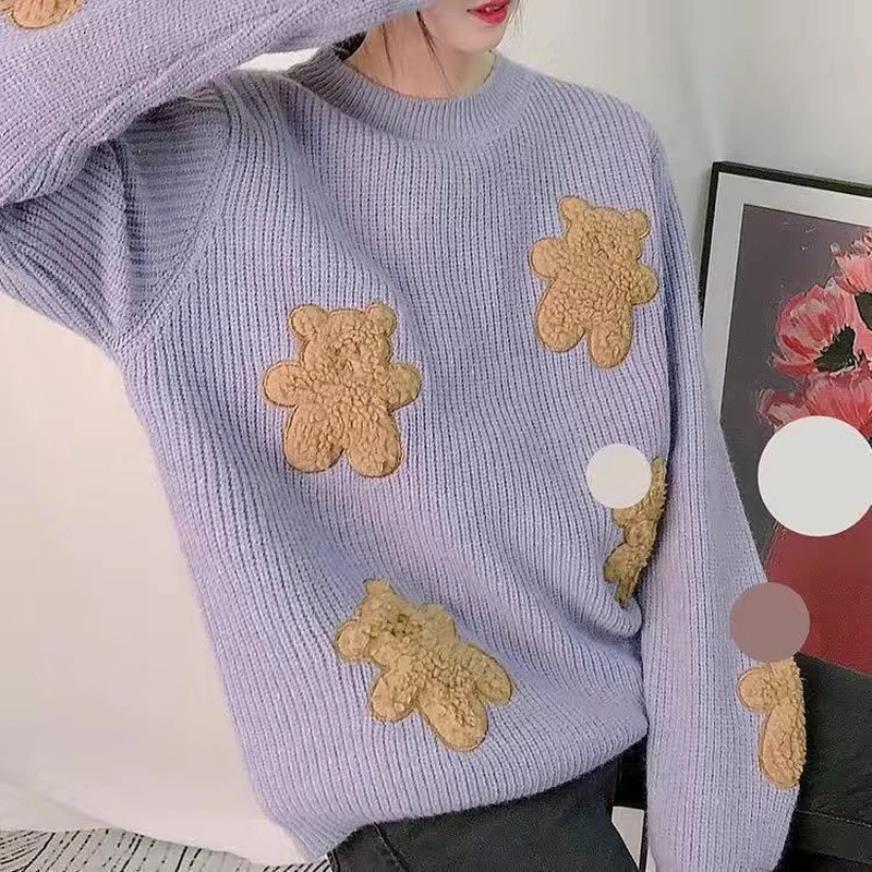 

2021 Autumn Winter Korean Cute Loose Cartoon Bear Sweaters Round Neck Long Sleeve Knit Pullover Sweater Harajuku Women Y147