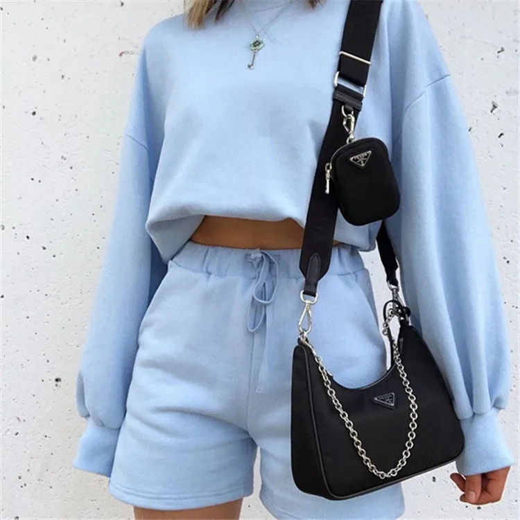 

Spring New Loose Women Pullover Solid Color Sweatshirt High Waist Wide Leg Shorts Casual Suit Women 2 Piece Sets Womens Outfits