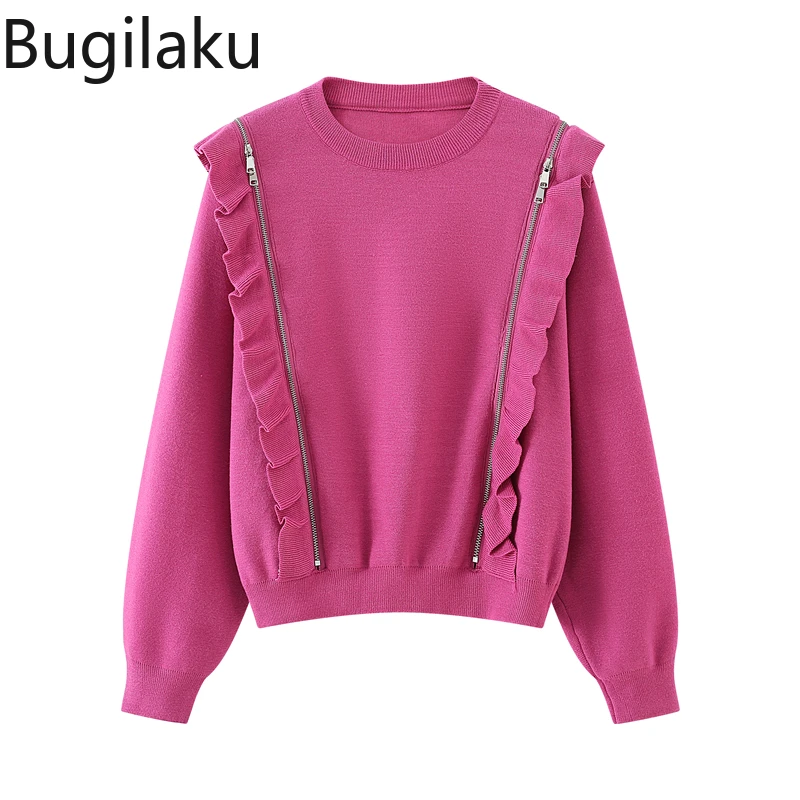 

Korean Zipper Ruffles Patchwork Sweatshirt Women O-neck Long Sleeve Fashion Casual Hoodies Solid Color All-match Ladies Tops
