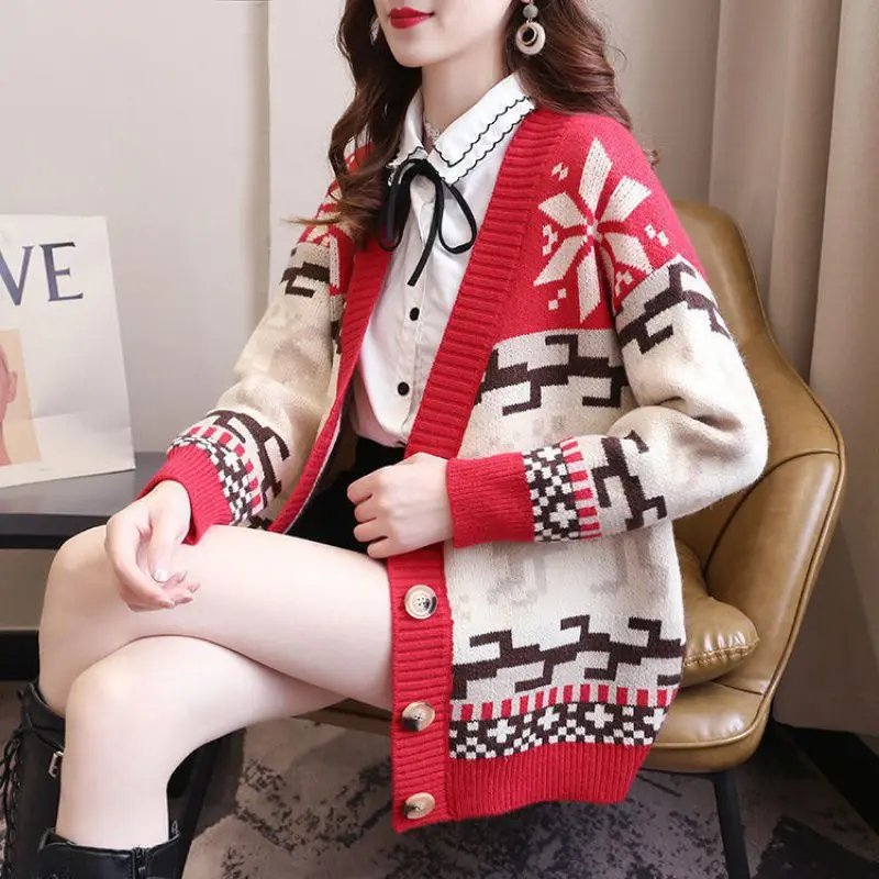

Fashion winter women Snowflake Print Sweater Jacket, Knit Cardigan