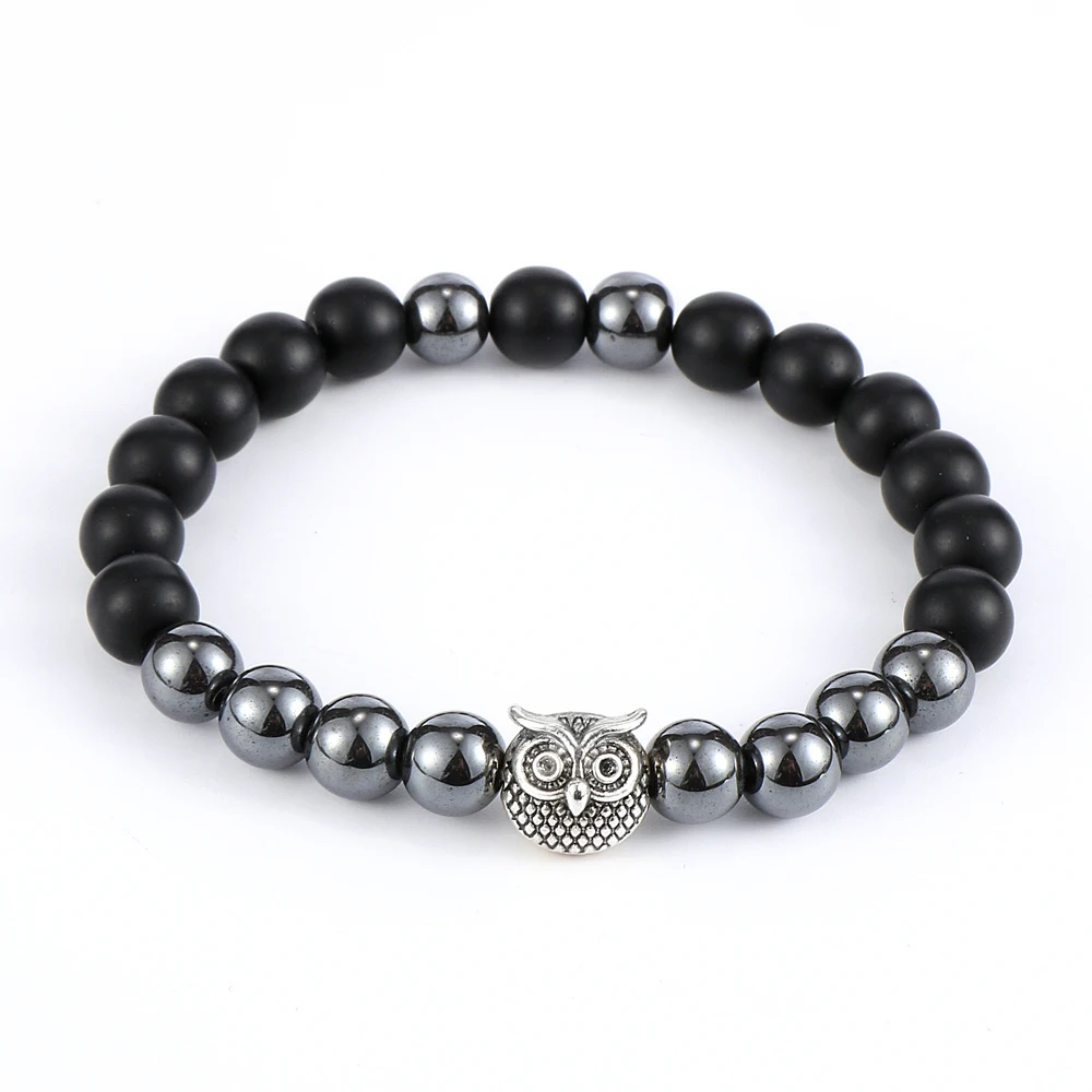 

Natural Stone Black Hematite Labradorite Beads Alloy Owl Charm Bracelet For Men Women Lava Rock Rossry Elastic Bracelets Jewelry