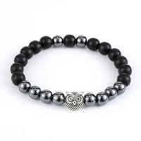natural stone black hematite labradorite beads alloy owl charm bracelet for men women lava rock rossry male elastic bracelets