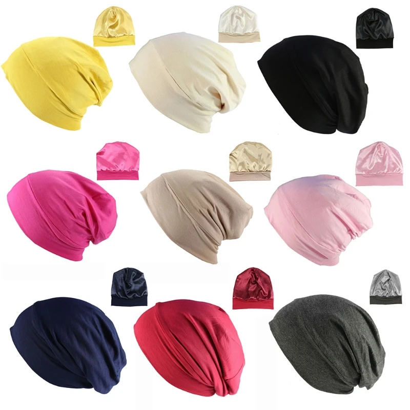 

896E Solid Color Chemotherapy Hat Night Modal Satin Cotton Sleep Cap Bonnet Hat Night Sleep Cap Wide Brim Nightcap Turban Hat