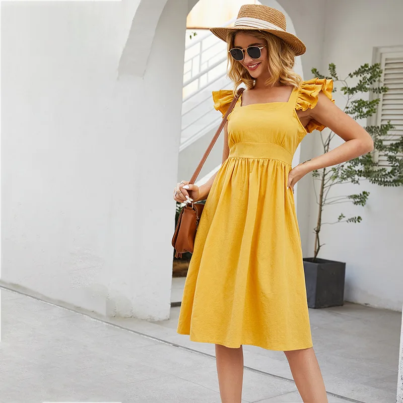 

Summer Dress 2021 Stitching Ruffle Sleeve Sexy Women Backless Casual Ruched Slip Sundress Lacing Fashion Yellow Vacation Robe