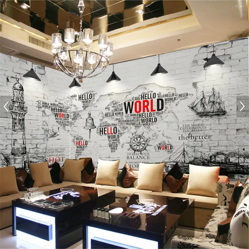 Ретро ностальгические буквы карта мира белая кирпичная стена задний фон Настенные обои для гостиной кафе
