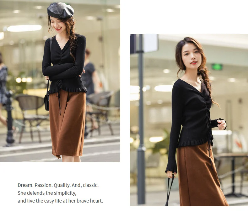 INMAN Winter Elegant Solid Color V Neck Drawstring Flower Swing Women Pullover Sweater