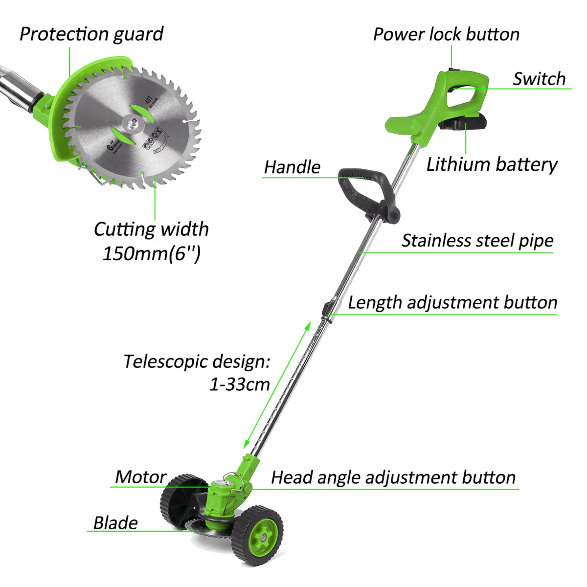 24 1800W Cordless Grass Trimmer Double Wheel Electric Lawn Mower Length Adjustable Garden Pruning Cutter Tools & 2 Battery