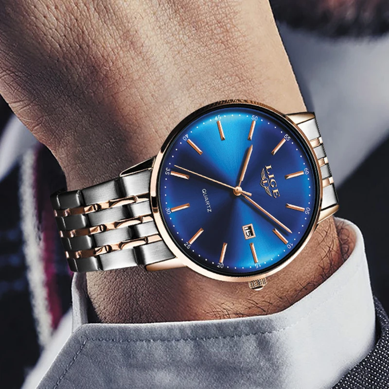 Часы Reloj Hombre 2020 LIGE Мужские кварцевые брендовые Роскошные модные полностью