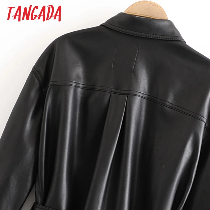 Tangada, Женская куртка из искусственной кожи, пальто с поясом, отложной воротник, Дамское пальто с длинным рукавом в стиле бойфренда, большие размеры, черное пальто 6A308