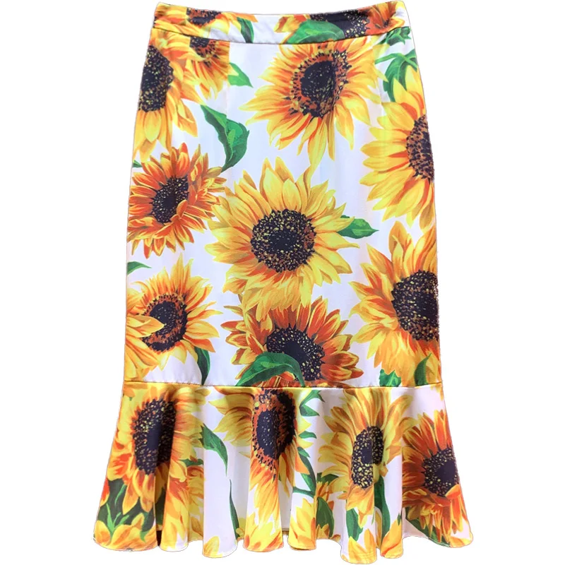 

Women Summer New Fashion Celebrity Sunflower Print Mermaid Skirt Woman Casual Customize Plus Size 3XS-10XL Fishtail Midi Skirts