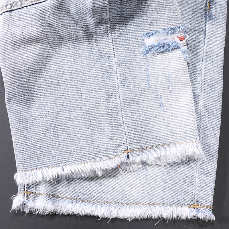 

Summer Newly Fashion Men Jeans Retro Light Blue Destroyed Ripped Denim Shorts Streetwear Patchwork Designer Short Jeans Men