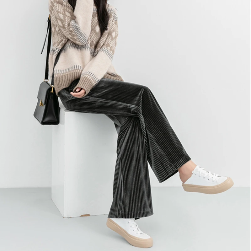

REALEFT 2020 Autumn Winter Solid Minimalist Velvet Women Casual Pants Drawing High Waist Office Lady Wide Leg Loose Long Pants